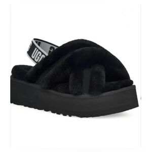 UGG Black Disco Cross Shearling Platform Slides